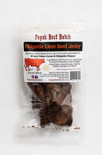 Papa's Chipotle Lime Beef Jerky starts with large slices beef top round, and then is marinated in fresh lime juice, unsulfured molasses, cider vinegar, fresh garlic, liquid smoke, chipotle pepper and Papa's secret blend of sea salt and spices.