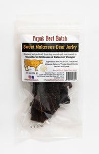 Papa's Sweet Molasses Beef Jerky starts with large slices beef top round, and then is marinated in molasses, balsamic vinegar, Liquid Smoke and Papa's secret blend of sea salt and spices.