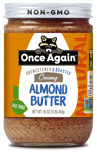 Once Again Nut Butter uses only the finest organic almonds available. They are dry roasted and milled with nothing else added to produce our delicious Natural Almond Butter. This is a gluten free product.  Ingredients: Almonds