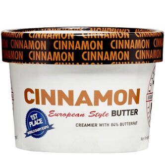 Ronnybrook Farm Dairy  butter is fresh churned in small batches at the creamery. It is rich and creamy with 84-86% butterfat content. Ronnybrook butter, churned in 40 gallon batches which produces a higher butter fat content and allows for very little moisture.   Award winning cinnamon butter is a worth contender at the breakfast table, or used in baking recipes, or on roasted carrots or squash!