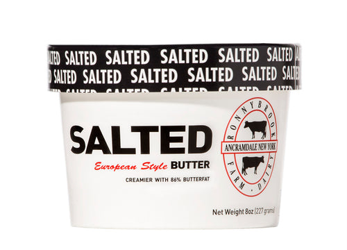 Ronnybrook Farm Dairy salted butter is fresh churned in small batches at the creamery. It is rich and creamy with 84-86% butterfat content. Ronnybrook butter, churned in 40 gallon batches which produces a higher butter fat content and allows for very little moisture. It doesn't burn as quickly when cooking; chefs prefer it!   8 oz. container