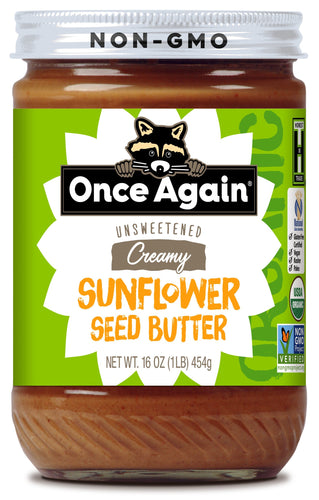 Once Again Nut Butter Sunflower Seed Butter is and made by roasting organically grown sunflower seeds. The seeds are milled smooth with sugar and salt added to create a delicious sunflower seed butter. This is a gluten free product. Ingredients: Organic Sunflower Seeds, Organic Sugar Cane and Salt. This is a certified organic product.