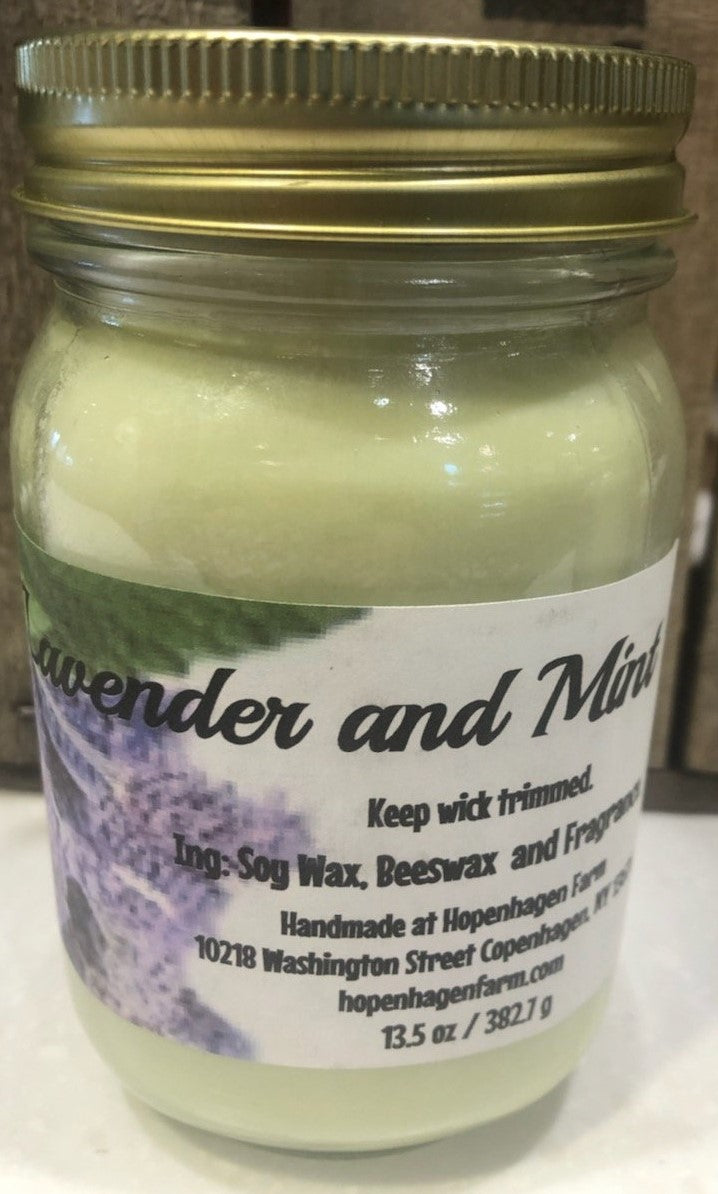 These lavender soy candles are handmade at Hopenhagen Farm in Copenhagen NY. Ingredients: Soy wax, beeswax and fragrance.   Scents: Midnight Lavender, Lavender Lemon, Lavender Chamomile, Lavender Vanilla, Lavender Mint  wt: 13.5 oz. 
