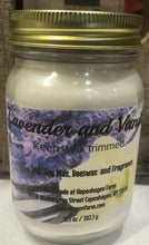 Load image into Gallery viewer, These lavender soy candles are handmade at Hopenhagen Farm in Copenhagen NY. Ingredients: Soy wax, beeswax and fragrance.   Scents: Midnight Lavender, Lavender Lemon, Lavender Chamomile, Lavender Vanilla, Lavender Mint  wt: 13.5 oz. 
