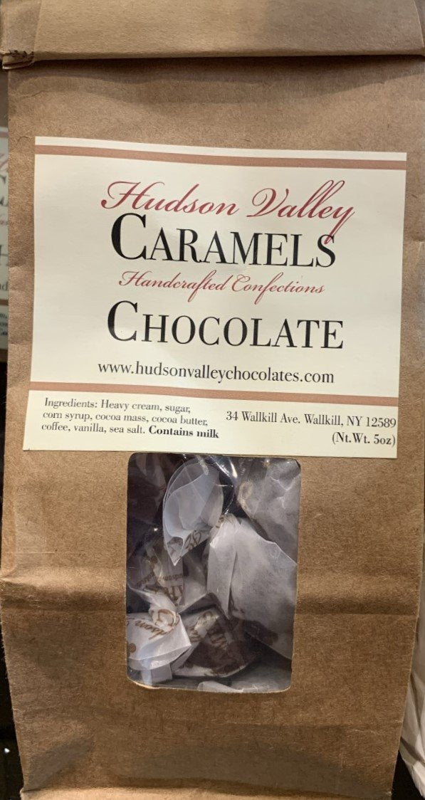 Handmade Caramels with cream from Hudson Valley Naturally favored Gluten free 5 ounce bag (approx. 17 pieces) Flavor: Chocolate.