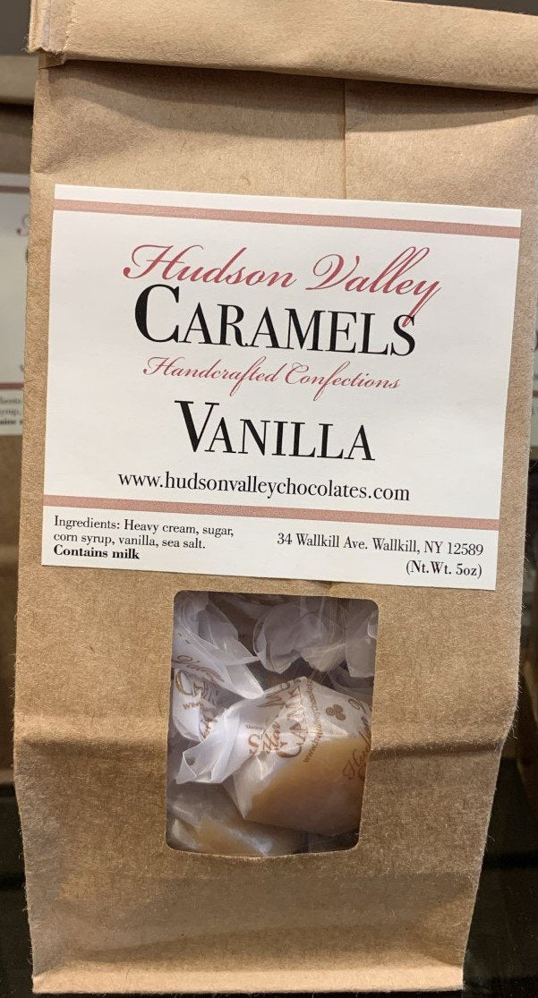 Handmade Caramels with cream from Hudson Valley Naturally favored Gluten free 5 ounce bag (approx. 17 pieces) Flavor: Vanilla.