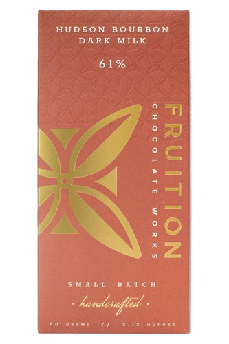 Dark chocolate 61%  Bourbon flavored Chocolate. Roasted cocoa nibs aged with Tuthilltown Spirits bourbon barrel staves and Hudson Baby Bourbon are then crafted into a creamy dark milk chocolate with hints of oak and bourbon.  Weight: 2.11oz / 60g  Ingredients: Cocoa Beans*, Cane Sugar*, Whole Milk Powder, Cocoa Butter*, Bourbon   *Organic