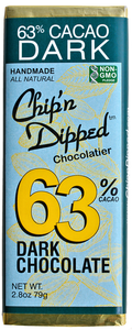 63% CACAO DARK CHOCOLATE BAR  OUR CHIP'N DIPPED™ SIGNATURE 63% CACAO DARK CHOCOLATE BARS.    Vegan Friendly   Non-GMO     ALLERGY WARNING: Our manufacturing facility uses shared equipment that handles PEANUTS, TREE NUTS, SOY, MILK, WHEAT, and EGGS. Individuals with sensitivity to any of these allergens should not consume our products.    