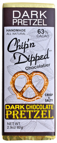 DARK CHOCOLATE PRETZEL BAR  Our Chip'n Dipped™ Signature 63% cacao dark chocolate bar with crisp, salty pretzel pieces in every bite.  Order more and SAVE!  Vegan Friendly     ALLERGY WARNING: Our manufacturing facility uses shared equipment that handles PEANUTS, TREE NUTS, SOY, MILK, WHEAT, and EGGS. Individuals with sensitivity to any of these allergens should not consume our products.    
