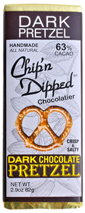 DARK CHOCOLATE PRETZEL BAR  Our Chip'n Dipped™ Signature 63% cacao dark chocolate bar with crisp, salty pretzel pieces in every bite.  Order more and SAVE!  Vegan Friendly     ALLERGY WARNING: Our manufacturing facility uses shared equipment that handles PEANUTS, TREE NUTS, SOY, MILK, WHEAT, and EGGS. Individuals with sensitivity to any of these allergens should not consume our products.    