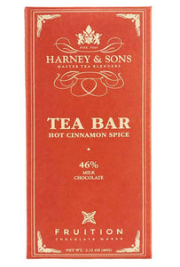 Ingredients: Cocoa Beans, Organic Cane Sugar, Cocoa Butter, Whole Milk Powder, Harney & Sons Hot Cinnamon Spice Tea (black tea, orange peel, natural cinnamon flavor, cinnamon, clove), Orange Oil, Cinnamon Allergy Info: Contains Dairy.  May contain traces of peanut and tree nuts.  Harney & Sons collaborated with Fruition Chocolate to create this bar, showcasing our premium ingredients, commitment to craftsmanship, and passion for excellence. wt. 2.11oz (60g)