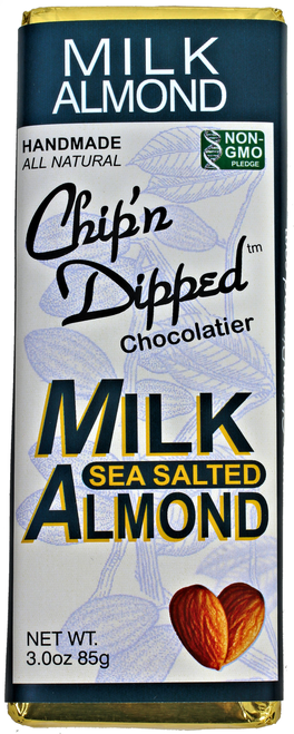 MILK CHOCOLATE SEA SALTED ALMOND BAR   Our Chip'n Dipped™ Signature creamy milk chocolate bar with sea salted almonds.     Non-GMO     ALLERGY WARNING: Our manufacturing facility uses shared equipment that handles PEANUTS, TREE NUTS, SOY, MILK, WHEAT, and EGGS. Individuals with sensitivity to any of these allergens should not consume our products.      wt. 2.8 oz. 