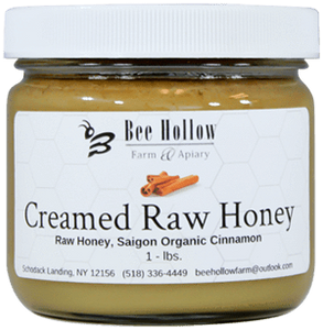At Bee Hollow, the European method for making creamed honey is used, the honey is never heated and therefore the honey retains its raw characteristics, maintaining all the healthful benefits of raw honey. It takes 30-days to produce a batch of creamed honey using this method, but we believe quality can’t be rushed.  We offer cinnamon and original (no flavor added) in glass 1# jar.