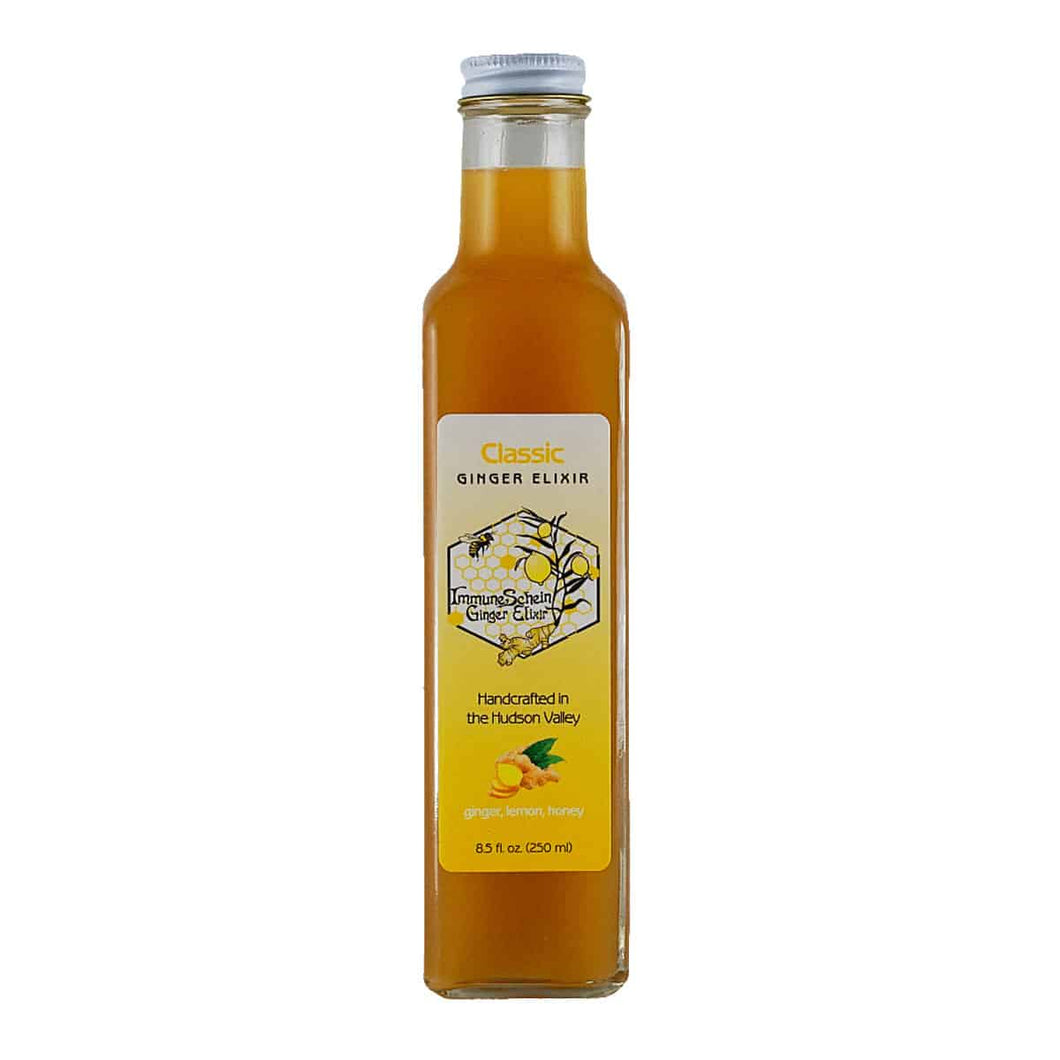 Our Classic Ginger Elixir is a shelf stable, handcrafted elixir with a best buy date of 1 year from the time of purchase. Our elixirs will need to be refrigerated after opening.  Ingredients Organic Ginger Root, NYS Wildflower Honey, Organic Lemon Juice.  No Sugar. No Water. No Vinegar. No Tea. No Alcohol. No Powders. No Additives. No Extracts. No Fillers. No Oils. No Artificial Flavors. No Preservatives. Just Food!
