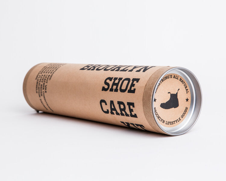 This totally tubular shoe care kit is made from 100% all natural and recyclable content from the paper-based tube to the all metal end caps to the actual contents. As always, nothing petroleum-based, synthetic or artificial. Kit contains sturdy carrying tube, Brooklyn Boot Wax Neutral, Brooklyn Leather Conditioner, fine horsehair buffing brush, fine horsehair application dauber, a pair of high-shine flannels and instructions.a