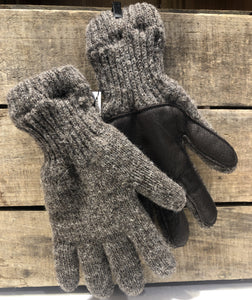 Knitted in a local mill, Longfield Farm wool gloves have super-soft acrylic liners and hand sewn bison palms to ensure warmth and durability.  This item is size small ; fits small-medium women's hand, small men's hand, or large child's hand.  The wool color is muted brown heather, and the bison palm is a deep brown color.
