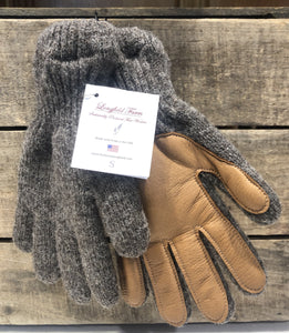 Knitted in a local mill, Longfield Farm wool gloves have super-soft acrylic liners and hand sewn bison palms to ensure warmth and durability.  This item is size small ; fits small-medium women's hand, small men's hand, or large child's hand.  The wool color is muted brown heather, and the deer skin palm is a rich tan color.