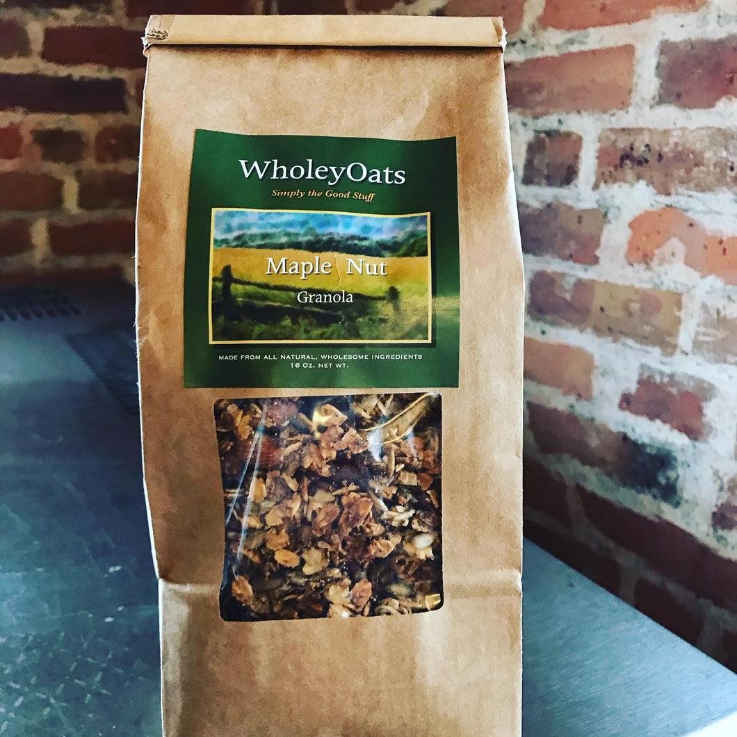 Wholey Oats brings you a delicious combination of non-gmo whole grain oats, organic oat bran, organic flaxseed meal, raw sunflower seeds, raw pepitas, raw almonds, raw walnuts all mixed with a little bit of unsweetened fresh pressed apple juice & pure organic maple syrup to give this granola a slight crunch and flavor.  Low in sugar and fat, enjoy :)  16 oz package.