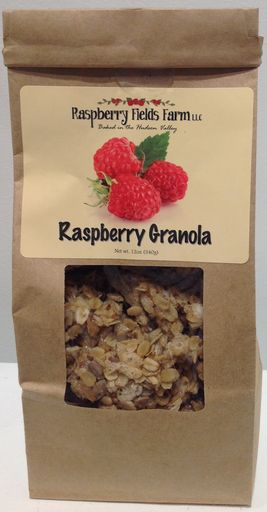 Raspberry Granola is baked in small batches, and hand packed in our Granolary located on the property of our circa 1869 homestead.  We use simple ingredients and bake to an opulent taste experience:  Whole rolled oats, crisp rice, whole dried raspberries, flax seeds, sunflower seeds, coconut, walnuts, honey, flour, sugar, canola oil, cinnamon.  Enjoy   stirred into your favorite yogurt with milk over ice cream tossed into your salad 12 oz. package