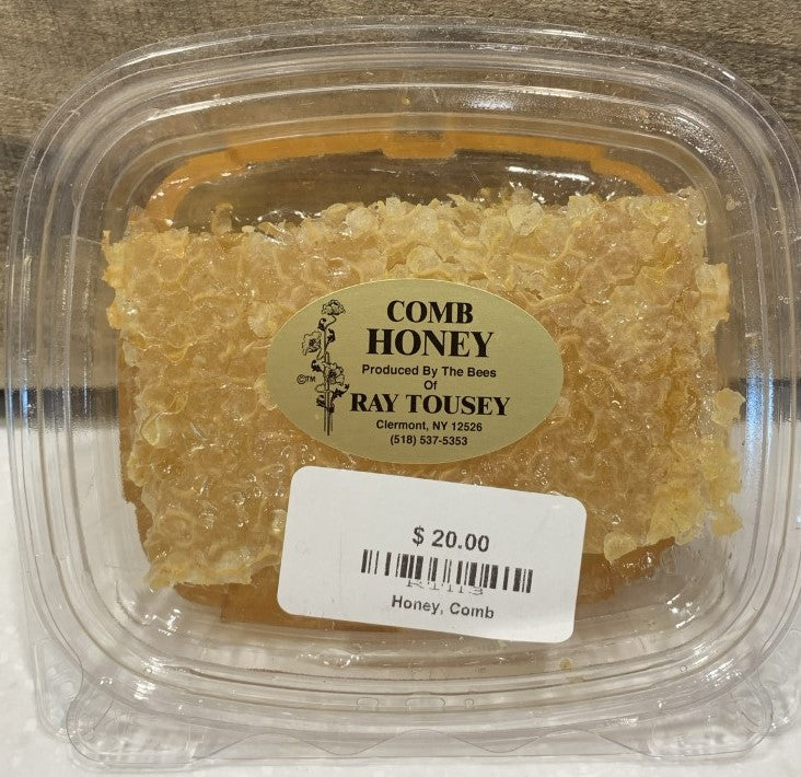 Tousey's honey comes from the hives placed on farms in Dutchess and Columbia counties.  The comb is collected and sold in a sizable piece in a resealable plastic container, approximately 10 oz./unit.