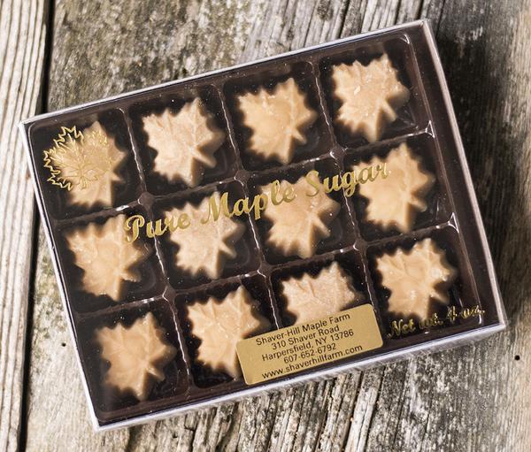 Melt on your tongue - pure maple syrup heated and stirred into soft maple sugar candies. A terrific car snack, gift, or energy boost for your long hikes or bike rides on scenic mountain roads or trails.  No other added ingredients.  This box contains (12) small maple candies, 4 oz.