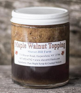 A classic flavor pairing that has stood the test of time; a few simple ingredients satisfy completely.  Add these "wet walnuts" to high-quality vanilla ice cream without regret.  Pure Maple Syrup and crushed walnuts in an 8 oz glass jar.  Ingredients: pure maple syrup and crushed walnuts
