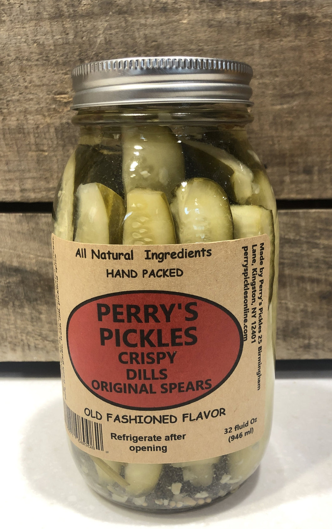 This classic dill pickle is as crunchy as you will find in any supermarket.  Tall spears stay firm, with mouth-watering acidity, dill and garlic.  A main stay for any pantry. Produced in Rosendale, New York with fresh ingredients, using local produce in season.  Shelf stable until opened; refrigerate after opening. Thirty two ounce  glass jar, heat sealed in canning process.