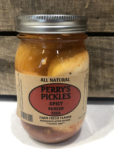 Firm, fresh eggs are perfectly pickled in spicy brine; using cayenne pepper, garlic, and white vinegar.  This snack will chase away the "hangry" with a restorative protein boost, and hot kick to boot.  Staff favorite. Produced in Rosendale, New York with fresh, local ingredients.  Shelf stable until opened; refrigerate after opening. Sixteen ounce glass jar, heat sealed in canning process.