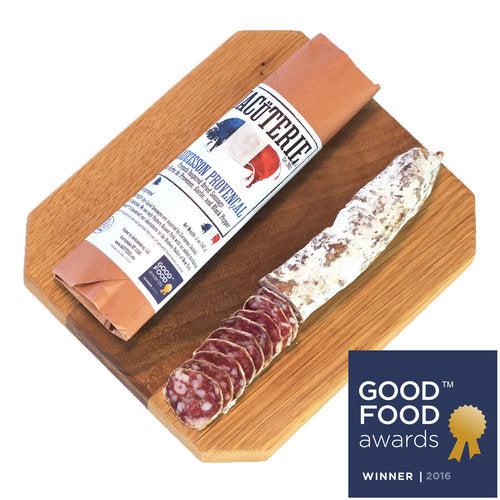 2016 Good Food Award Winner, our Saucisson Provençal is inspired by the floral scents and flavors of Provence, France. We custom blend our own Herbs de Provence using rosemary, thyme, basil and fennel and locally grown lavender. A careful addition of garlic and black pepper along with the herbs makes the Saucisson Provençal is our Most popular salami!  wt. 5 oz