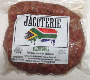 This South African-inspired sausage, made with beef and pork, is spiced with garlic, coriander, cloves, nutmeg and tarragon. This sausage is presented as a large wheel as opposed to links and is great on the summer grill.